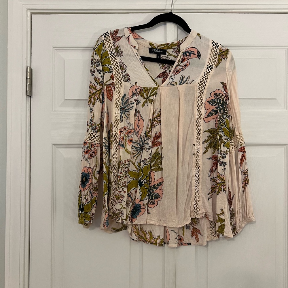 Floral Crochet-Trim Blush Blouse
